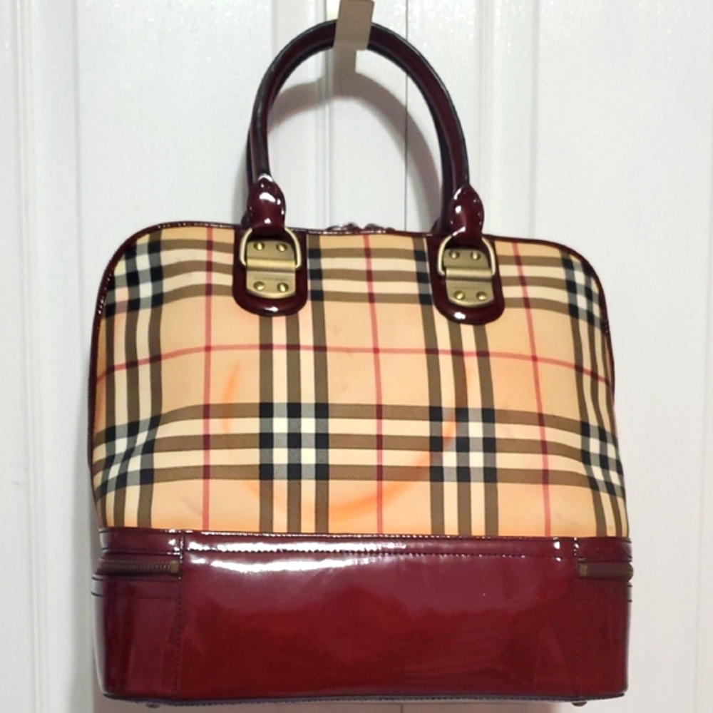 RARE Vintage Burberry Check Burgundy Patent Leather Trim Handle Bag - Picture 3 of 17